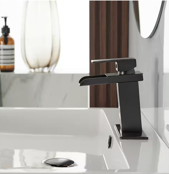 BWE Waterfall Single Hole Single-Handle Low-Arc Bathroom Faucet With Pop-up Drain Assembly in Matte Black