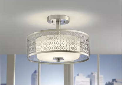 Hampton Bay Toberon 14 in. 1-Light Brushed Nickel LED Semi-Flush Mount with Etched Parchment Glass Shade