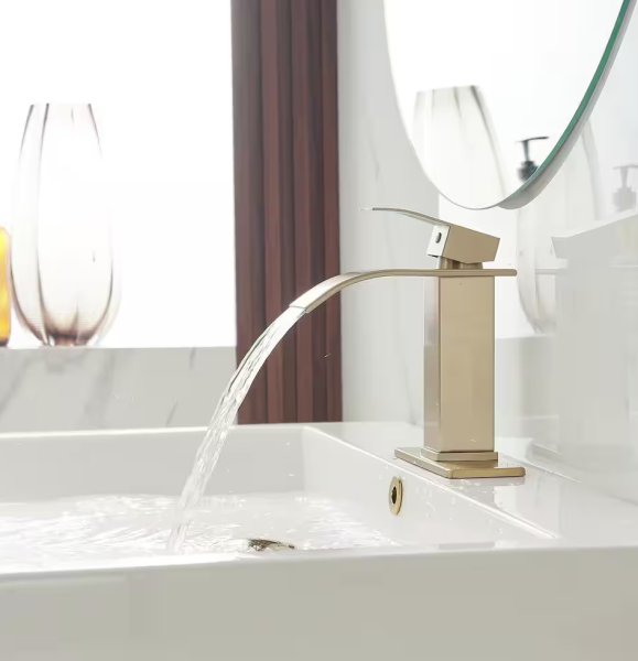 Waterfall Single Handle Single Hole Low-Arc Bathroom Faucet Bathroom Drip-Free Vanity Sink Faucet in Brushed Gold