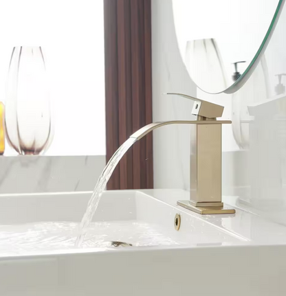 BWE Waterfall Single Handle Single Hole Low-Arc Bathroom Faucet Bathroom Drip-Free Vanity Sink Faucet in Brushed Gold