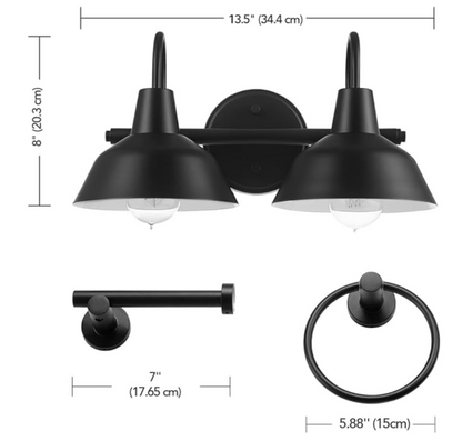 Globe Electric 63000004 3-Piece Bathroom Set, Matte Black, 15.5" 2-Light Vanity Light, Towel Ring, Toilet Paper Holder, Bulb Not Included