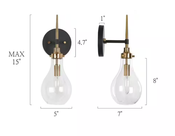 Uolfin 15-in H. Modern Bedroom Teardrop Wall Sconce 1-Light Black and Brass Gold Bathroom Vanity Light with Clear Glass Shade