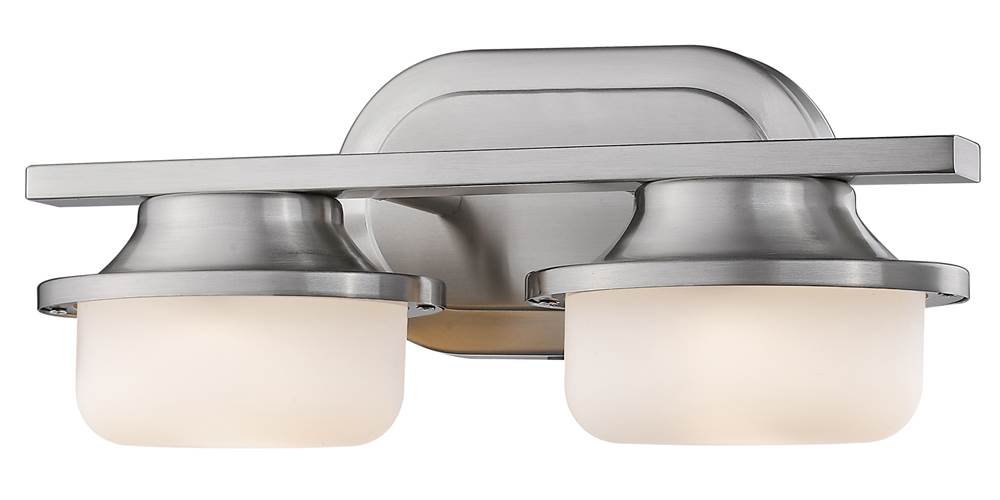 Optum 14 in. 2-Light Brushed Nickel Integrated LED Shaded Vanity Light with Matte Opal Glass Shade