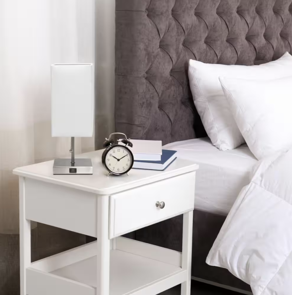 Simple Designs 14.25 in. Brushed Nickel Petite Stick Lamp with USB Charging Port and White Fabric Shade