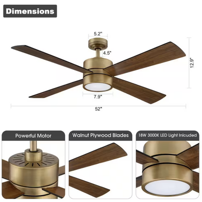 52 in. Indoor Natural Brass Ceiling Fan with Warm White Integrated LED and Remote Control