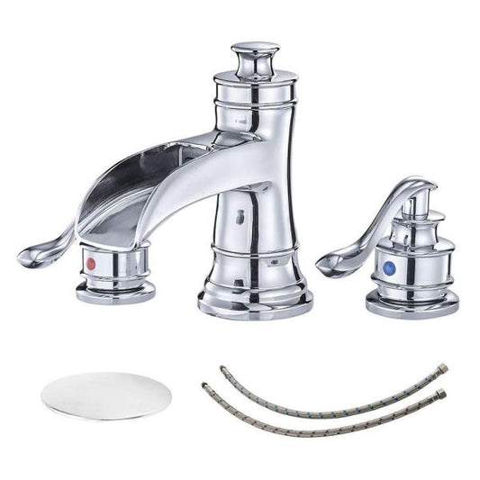 BWE 8 Inch Widespread Bathroom Faucet Chrome with Pop up Drain and Supply Hose Lead-Free Two-Handle 3 Holes Waterfall Bathroom Sink Faucet Lavatory Mi