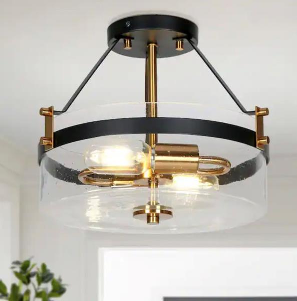 Modern Farmhouse Black Semi-Flush Mount, 12.5 in. 2-Light Plated Gold Kitchen Ceiling Fixture Light with Seeded Glass