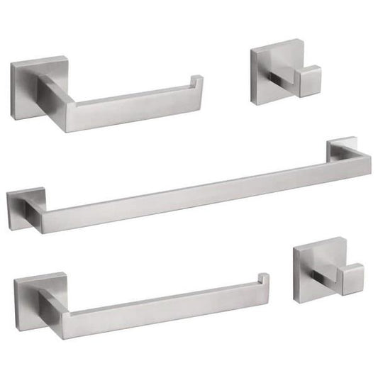 5-Piece Bath Hardware Set with Double Hooks Towel Ring Toilet Paper Holder and 24 in. Towel Bar in Brushed Nickel