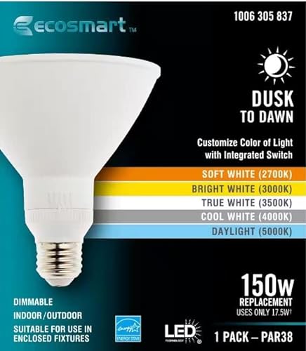 150-Watt Equivalent PAR38 Dimmable CEC Flood Dusk to Dawn with Selectable Color Temperature LED Light Bulb (1-Pack)