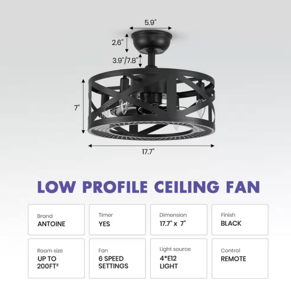 17 in. Indoor Black Ceiling Fan Farmhouse Caged Ceiling Fan with Lights and Remote Enclosed Ceiling Fan