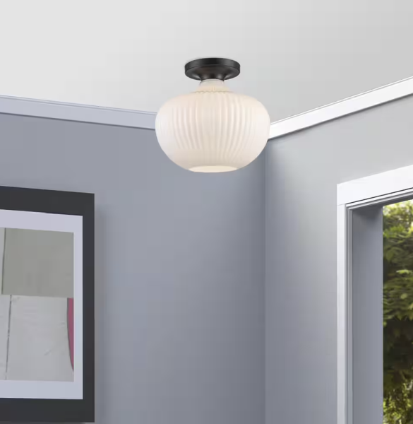 Bel Air Lighting Aristo 12 in. 1-Light Black Semi-Flush Mount Ceiling Light Fixture with White Ribbed Glass Shade