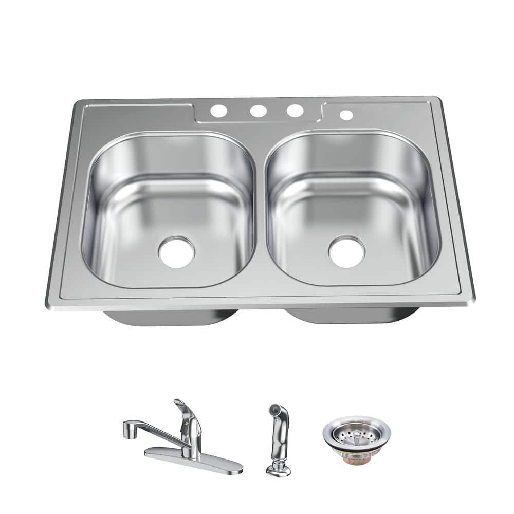 Glacier Bay All-in-1-Drop-in Stainless Steel 33 in. 4-Hole Double Bowl Kitchen Sink with Faucet and Sprayer, Silver