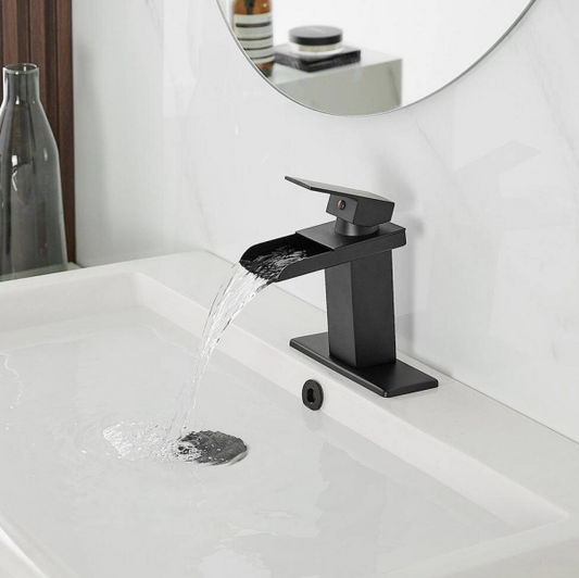 BWE Waterfall Single Hole Single-Handle Low-Arc Bathroom Faucet With Pop-up Drain Assembly in Matte Black