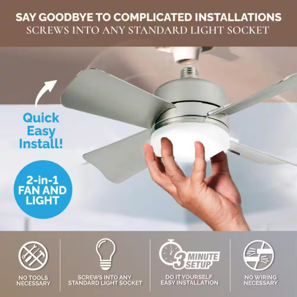 Socket Fan 15.7 in. Indoor LED Bright Light Nickel Ceiling Fan with Remote