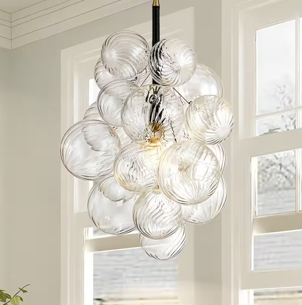 Cruce 1-Light Black Modern Cluster Clear Swirled Glass Globe Bubble Chandelier for Kitchen Island with Bulbs Included