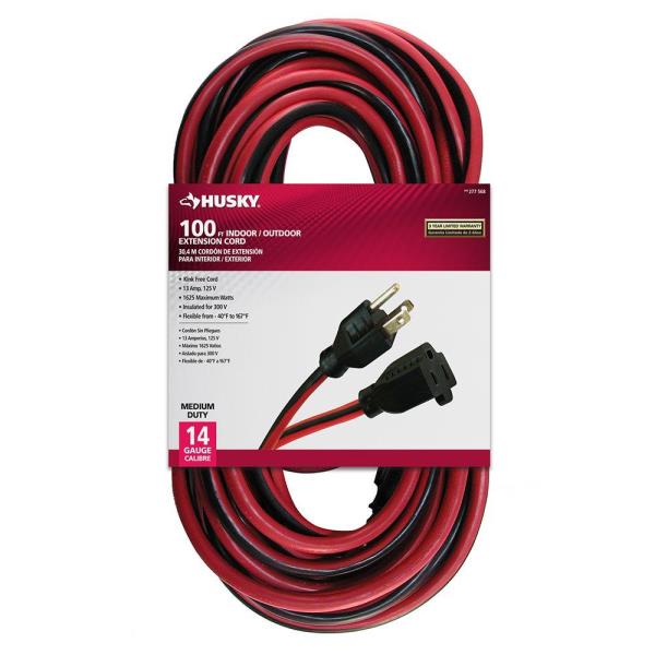 Husky 100 Ft. 14/3 Medium Duty Indoor/Outdoor Extension Cord, Red/Black