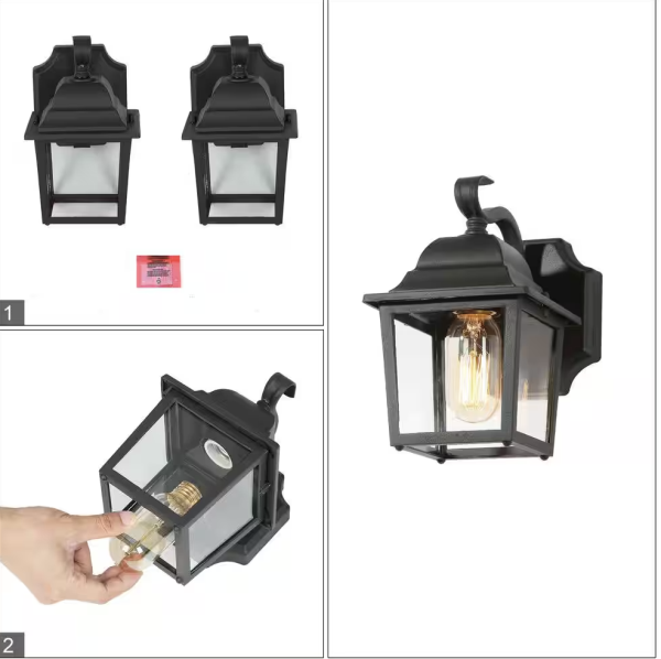 Uolfin Farmhouse Outdoor Wall Lights Black Lantern w/ Clear Glass Shade (2-Pack)