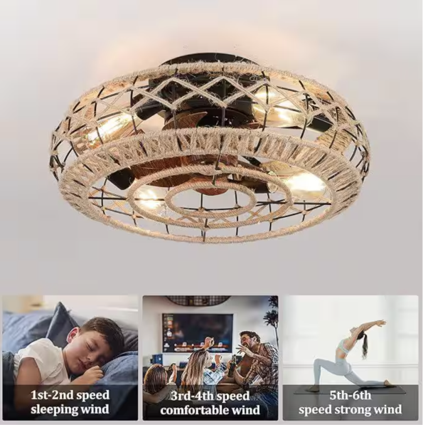 20 in. Smart Indoor 4 Light Rope Caged Low Profile Ceiling Fan Light w/Remote