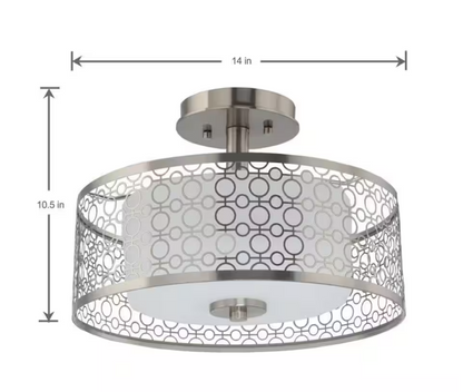 Hampton Bay Toberon 14 in. 1-Light Brushed Nickel LED Semi-Flush Mount with Etched Parchment Glass Shade