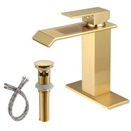 BWE Waterfall Single Hole Low-Arc Brushed Gold Bathroom Faucet w/ Pop-up Drain Assembly