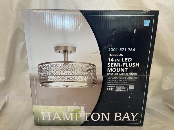 Hampton Bay Toberon 14 in. 1-Light Brushed Nickel LED Semi-Flush Mount with Etched Parchment Glass Shade