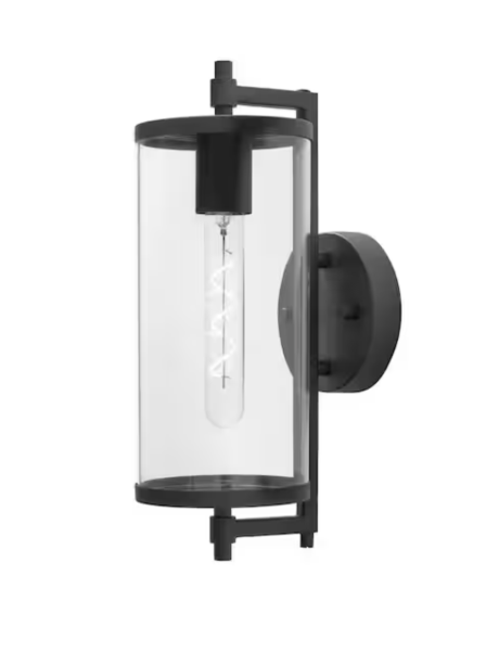 Hampton Bay Lurelane 14 in. Medium Modern 1-Light Matte Black Hardwired Outdoor Cylinder Wall Lantern Sconce Light