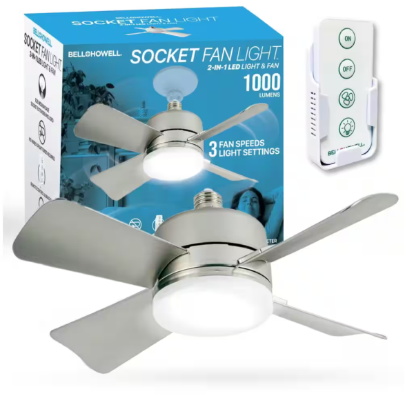 Socket Fan 15.7 in. Indoor LED Bright Light Nickel Ceiling Fan with Remote