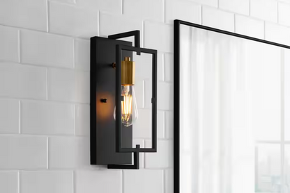 Home Decorators Collection Kenton 4.75 in. 1-Light Matte Black Industrial Wall Sconce with Cage Frame Detail