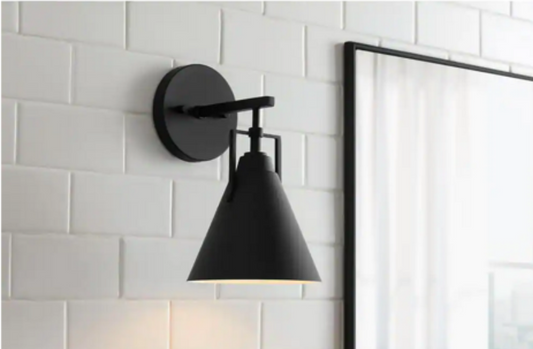 Home Decorators Collection Insdale 1-Light Matte Black Modern Industrial Bathroom Vanity Light with Black Metal Shade