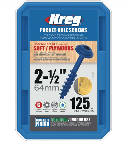 Kreg #8 x 2-1/2 in. Square Drive Round Head Blue Kote Coarse Pocket-Hole Screw (125-Pack)