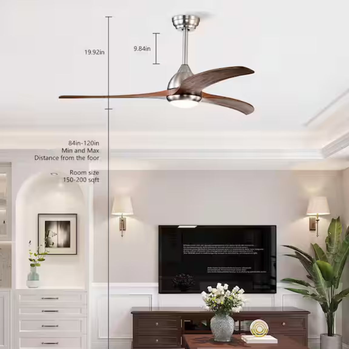 bessten 52 in. Brushed Nickel Indoor Outdoor Ceiling Fan with Reversible Red Walnut Blades, LED Light and Remote, Downrod Mount