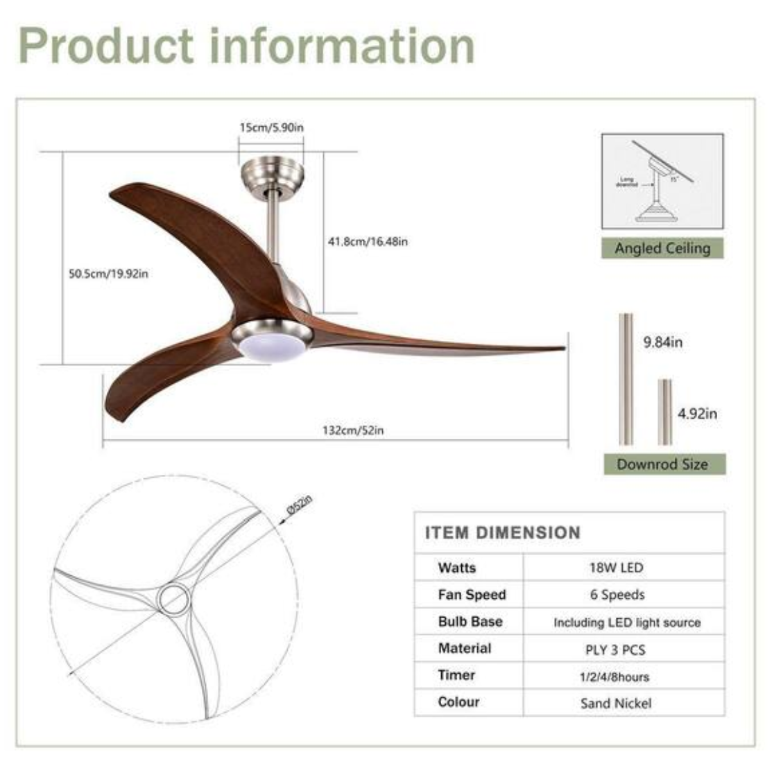 bessten 52 in. Brushed Nickel Indoor Outdoor Ceiling Fan with Reversible Red Walnut Blades, LED Light and Remote, Downrod Mount