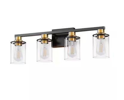 Briignite 28 in. 4-Light Black and Gold Bathroom Vanity Light with Clear Glass Shades for Over Mirror