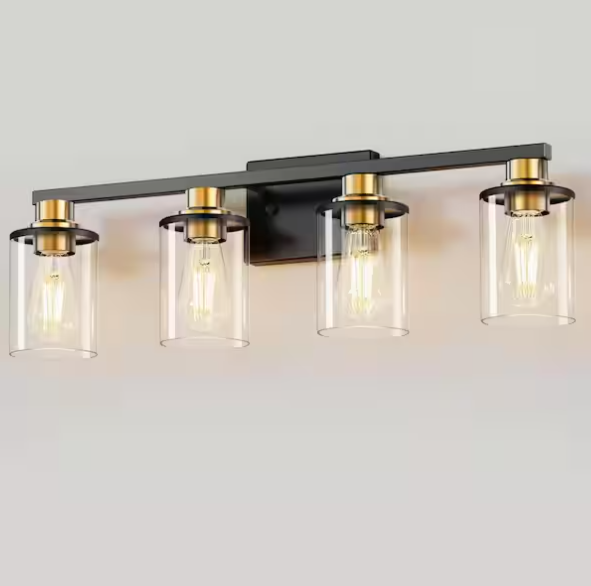 Briignite 28 in. 4-Light Black and Gold Bathroom Vanity Light with Clear Glass Shades for Over Mirror
