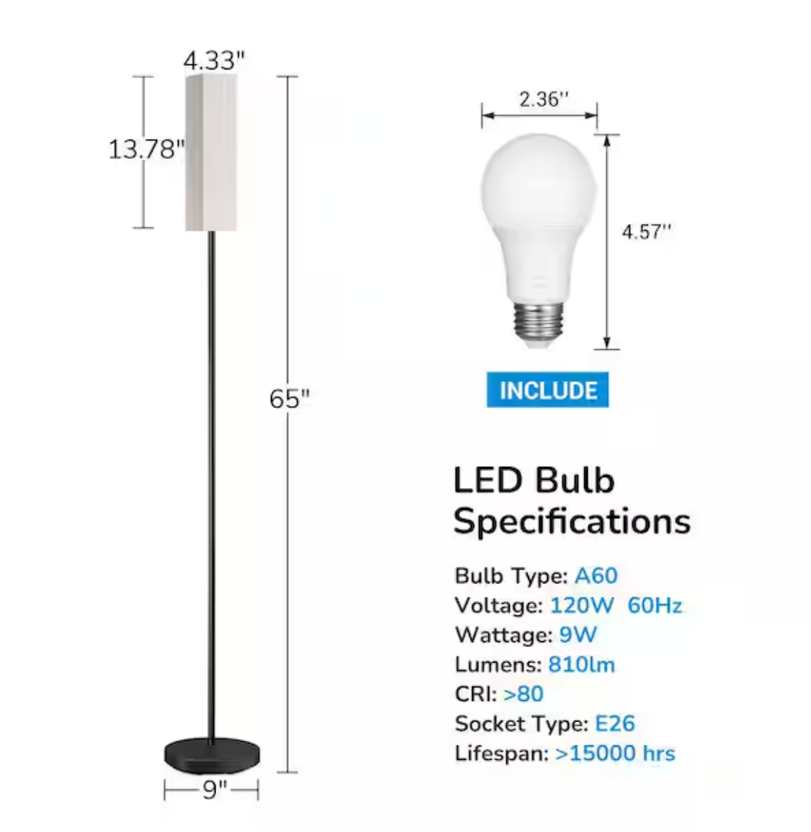 DEWENWILS 65 in. Modern Black Dimmable Floor Lamp for Living Room with Fabric Rectangular Shade