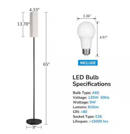 DEWENWILS 65 in. Modern Black Dimmable Floor Lamp for Living Room with Fabric Rectangular Shade
