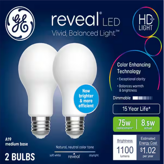 GE 75-Watt Replacement, Reveal, 2950K, LED, A19 General Purpose Bulbs (12-Pack)