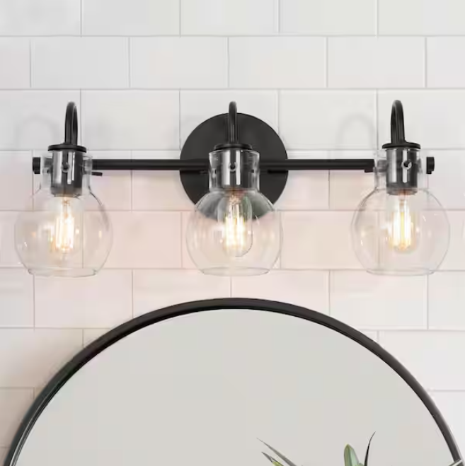 LNC Modern 22 in. 3-Light Black Bathroom Vanity Light with Clear Glass Globe Shades Classic Wall Sconce for Damp Location