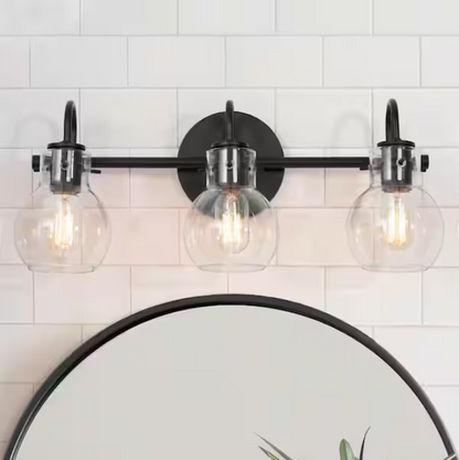 LNC Modern 22 in. 3-Light Black Bathroom Vanity Light with Clear Glass Globe Shades Classic Wall Sconce for Damp Location