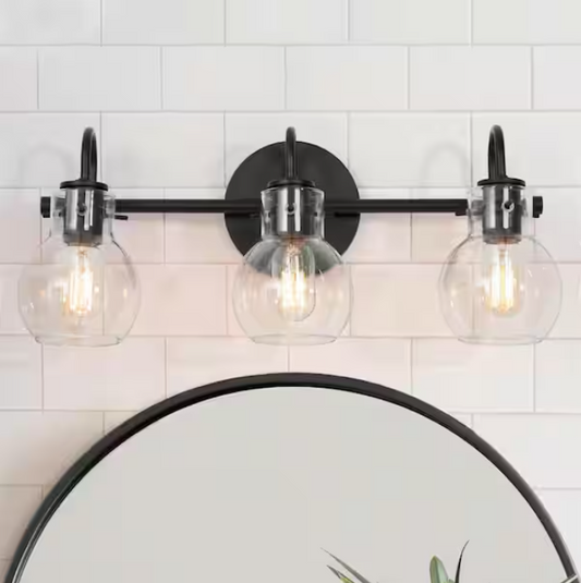 LNC Modern 22 in. 3-Light Black Bathroom Vanity Light with Clear Glass Globe Shades Classic Wall Sconce for Damp Location