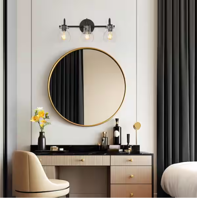 LNC Modern 22 in. 3-Light Black Bathroom Vanity Light with Clear Glass Globe Shades Classic Wall Sconce for Damp Location