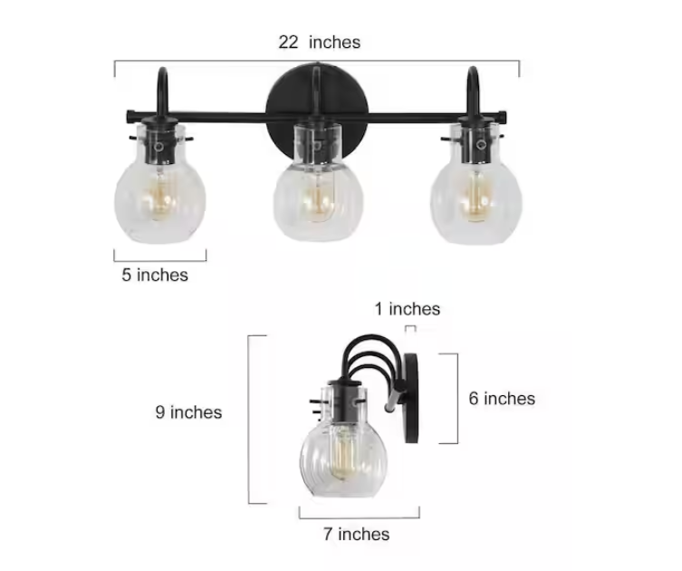 LNC Modern 22 in. 3-Light Black Bathroom Vanity Light with Clear Glass Globe Shades Classic Wall Sconce for Damp Location