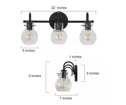 LNC Modern 22 in. 3-Light Black Bathroom Vanity Light with Clear Glass Globe Shades Classic Wall Sconce for Damp Location