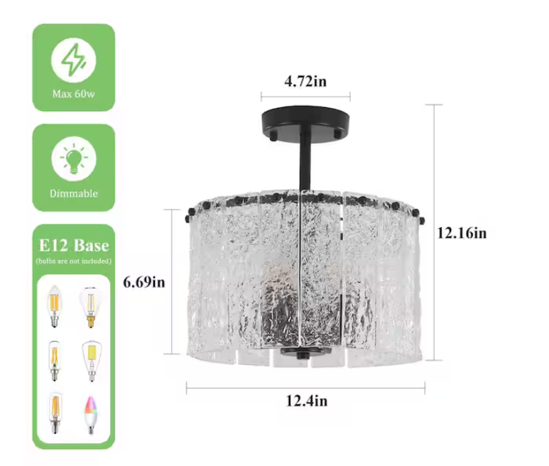 HLJYNJM 12.4 in. 4-Light Black Modern Semi-Flush Mount Light Ceiling Light Fixture with Glass Shade