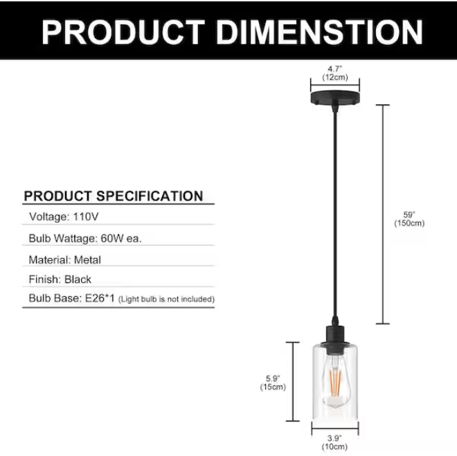 Briignite Matte Black Rustic Industrial 60-Watt 1-Light Mini Pendant Light with Glass Shade (2-Pack)