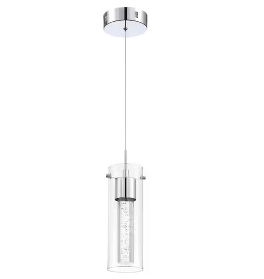 Uixe 8.5-Watt Integrated LED Chrome Pendant with Crystal Bubble Glass Shade