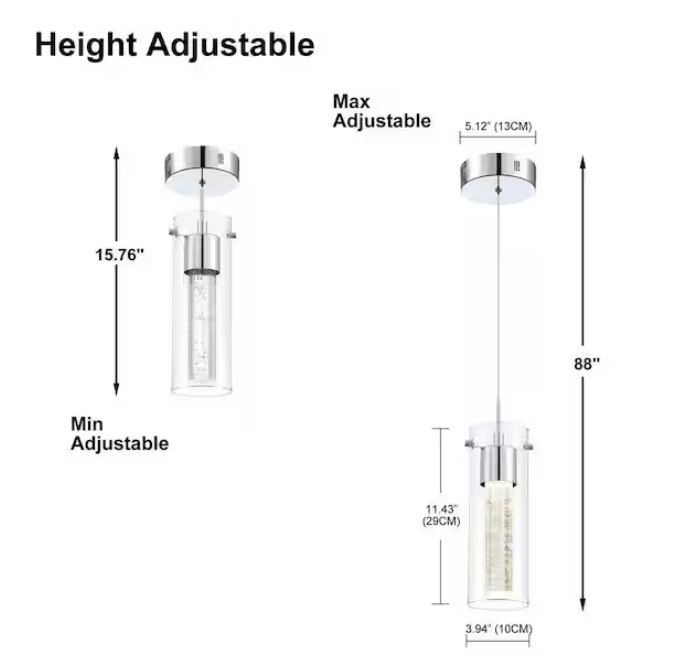 Uixe 8.5-Watt Integrated LED Chrome Pendant with Crystal Bubble Glass Shade