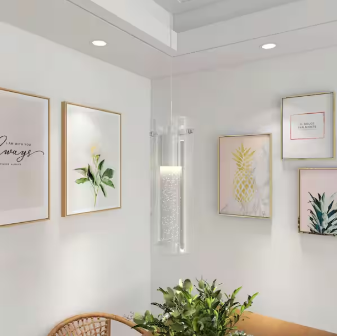 Uixe 8.5-Watt Integrated LED Chrome Pendant with Crystal Bubble Glass Shade