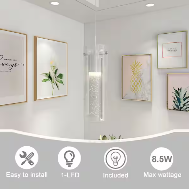 Uixe 8.5-Watt Integrated LED Chrome Pendant with Crystal Bubble Glass Shade