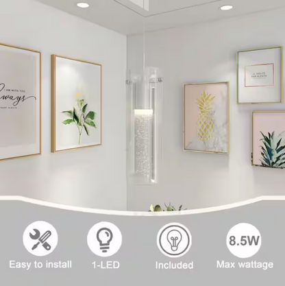 Uixe 8.5-Watt Integrated LED Chrome Pendant with Crystal Bubble Glass Shade